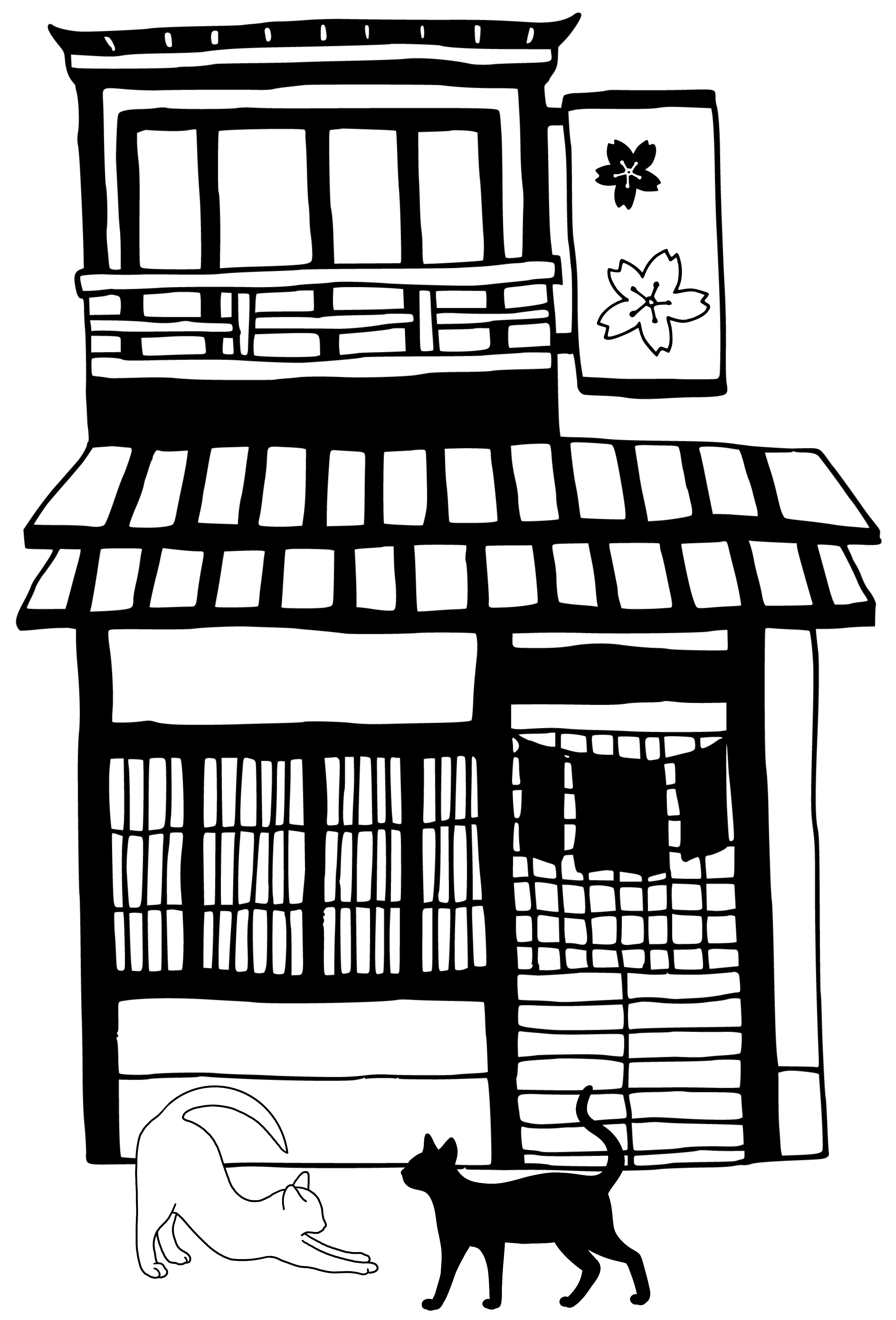 japanese-store front featuring a blakc and white cat infront of it